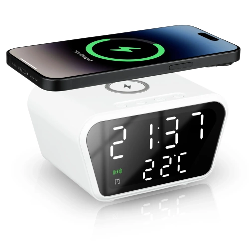 Réveil intelligent avec chargeur sans fil Qi 15 W | Réveil avec trois alarmes | Montre avec affichage de la température | SZ01-15W-W