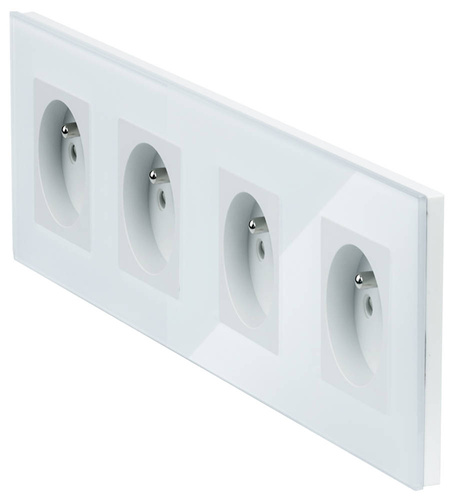 SC80-4 | Set of quadruple frame + 4x 230V earthed plug socket | Tempered glass | White