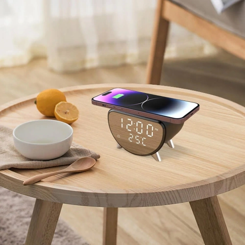 Reloj despertador LED inteligente con cargador Qi de 15 W, termómetro y 3 alarmas | Reloj USB para dormitorio | SZ07-15W-BR
