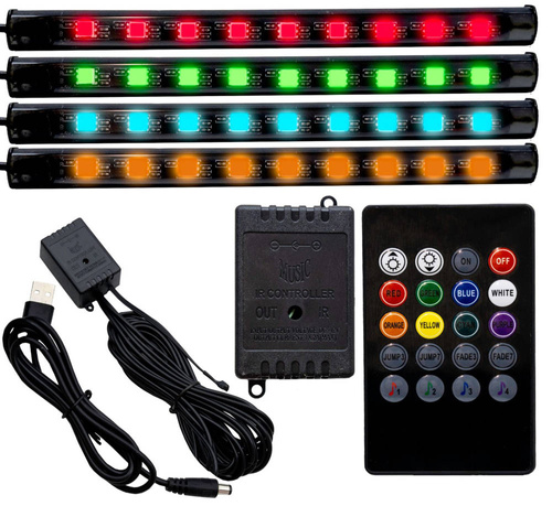 RGB LED osvětlení interiéru auta přes USB | Bluetooth spojení s aplikací v telefonu | 4x LED pásek 9 diod 5050 15cm | IR dálkové ovládání | hudební režimy