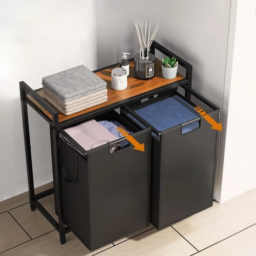 MZ-B20-NOIR | Panier à linge avec étagère | Panier à linge à deux compartiments | Panier à linge à roulettes