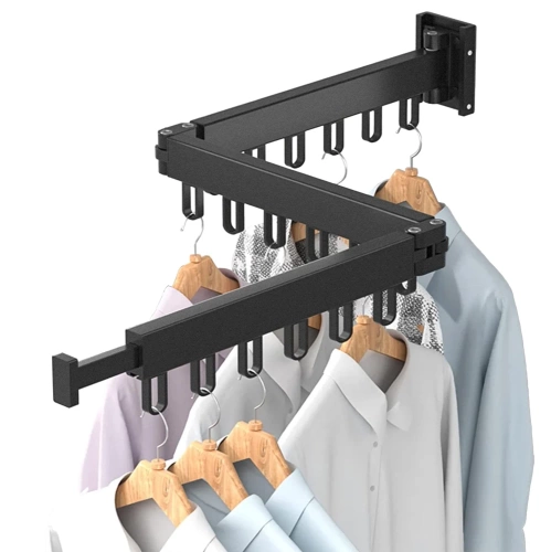LYJ-T90-ZWART | Opvouwbare kleerhanger | Opvouwbare droger | Wandrail met haken