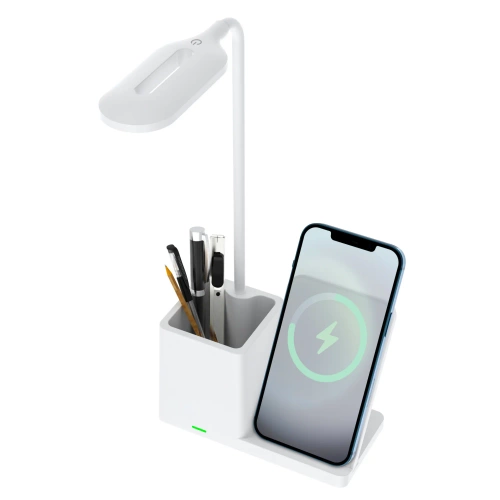 Smarte LED-Schreibtischlampe mit kabellosem Qi-Laden | 3-in-1-Schreibtischlampe mit Organizer und Ladegerät | Moderne Arbeitszimmerlampe mit Organizer | MD-K5-15W