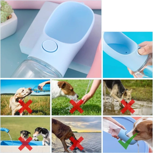 PAC-500ML-ALBASTRU | Adapator portabil pentru animale | Sticlă de apă pentru un câine sau pisică | Sticla de apa cu bol atasat