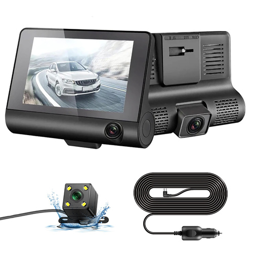 PZ-E9 | 3 Lens Dashcam Auto Vorne, Hinten und interner Autokamera mit 4 Zoll Full HD 1080P, 170 ° Weitwinkel, Nachtsicht, G-Sensor, WDR, Loop-Aufnahm, Parküberwachung und Bewegungserkennung