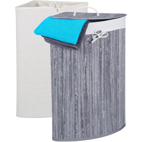 AYL-60L-GRIS | Panier à linge gris | Conteneur de jouets en bambou | Panier à linge en bois | Panier à linge à un compartiment pour la salle de bain | Panier d'angle