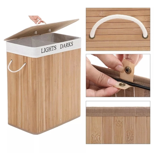 ZYL-100L-LIBR | Cesto para la ropa natural | Contenedor de juguetes de bambú | Cesta de ropa de madera | Cesto de ropa sucia de dos compartimentos para el baño.