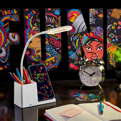 Lampada da scrivania a LED intelligente con ricarica wireless Qi | Lampada da scrivania 3 in 1 con organizer e caricabatterie | Lampada da studio moderna con organizer | MD-K5-15W