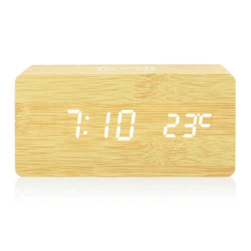 Reloj digital de madera con pantalla LED y cargador inalámbrico 10 W | despertador con 3 alarmas y termómetro | SXM-017