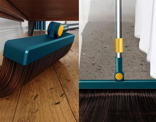 Set de limpieza con escoba y recogedor de mango largo | Escoba con cabezal giratorio y recogedor plegable | FBS-2 en 1 - Azul