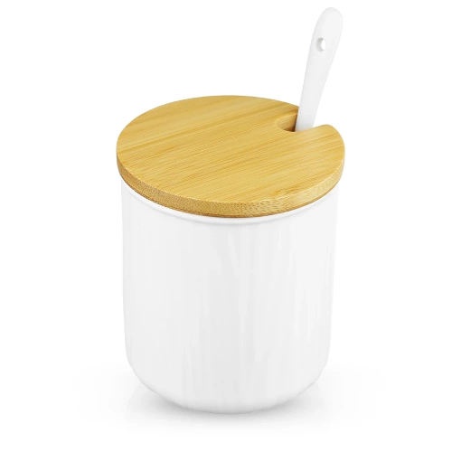 XM07-85-BIANCO | Zuccheriera con cucchiaino in porcellana | Contenitore per zucchero con coperchio in bambù