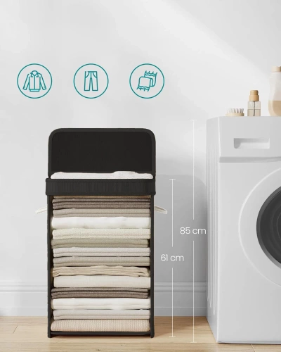 UYL-80L-NERO | Cesto per la biancheria nero | Contenitore per giocattoli in bambù | Cesto porta abiti in legno | Portabiancheria monovano per il bagno