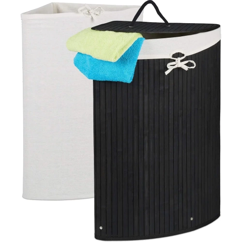 AYL-60L-NEGRO | Cesta de lavandería negra | Contenedor de juguetes de bambú | Cesto para la ropa de madera | Cesto para la ropa sucia de un compartimento para el baño | Cesta de esquina