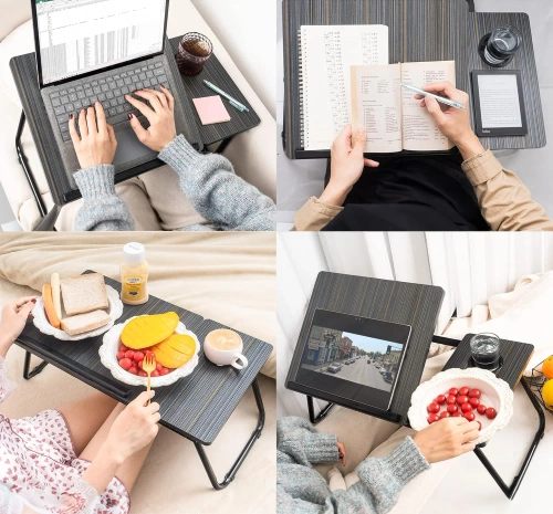 Sammenklappeligt laptopbord med justerbar vippevinkel | Funktionelt bord med ekstra plade | Mobil sengestativ | LFD-5532-BK