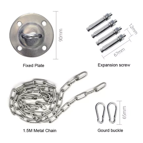 ACS-08-Zilver | Set voor montage hangstoelen, schommels, hangmatten | Handvat, ketting 1,5 m, 2x karabijnhaken, 4x haringen