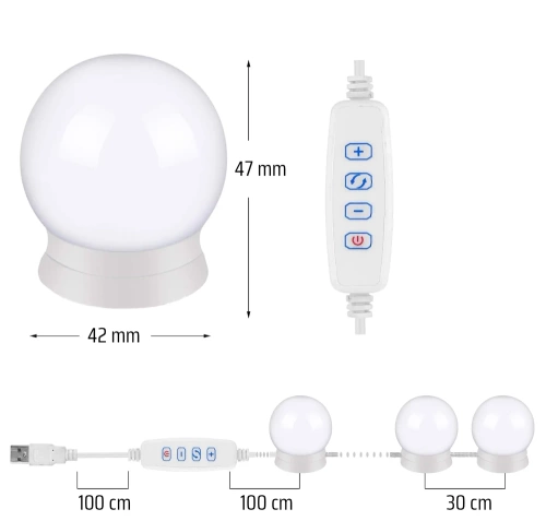 HZJ-V10 | Zrkadlové lampy na toaletný stolík na líčenie | 10 kusov, 3 farby osvetlenia, nastavenie jasu, 2m USB kábel