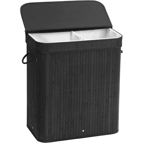 RYL-100L-NOIR | Panier à linge noir | Conteneur de jouets en bambou | Panier à vêtements en bois | Panier à linge à deux compartiments pour la salle de bain