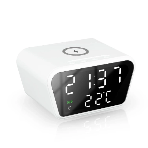 Réveil intelligent avec chargeur sans fil Qi 15 W | Réveil avec trois alarmes | Montre avec affichage de la température | SZ01-15W-W