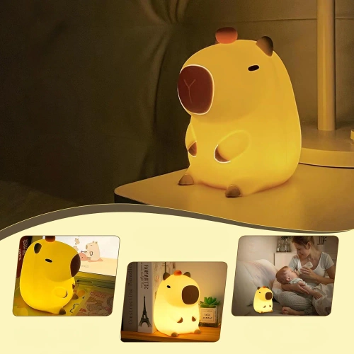 Luce notturna a LED in silicone a forma di capibara | Lampada portatile per bambini con 8 modalità di illuminazione e timer | Luce notturna a luce calda 3000K | DS-CPBR-01