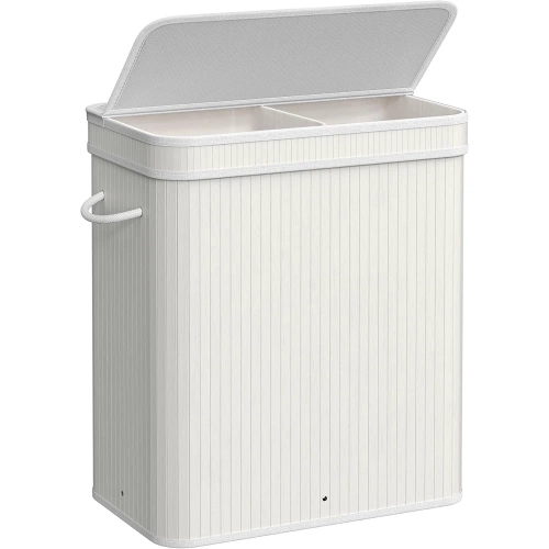 RYL-100L | Witte wasmand | Bamboe speelgoedcontainer | Houten kledingmand | Wasmand met twee vakken voor de badkamer