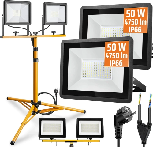 Kit de iluminación 100W 9500lm 3 en 1 | Proyector halógeno 2x 50W con soporte de trabajo de 1,6 m y cable de 3 m