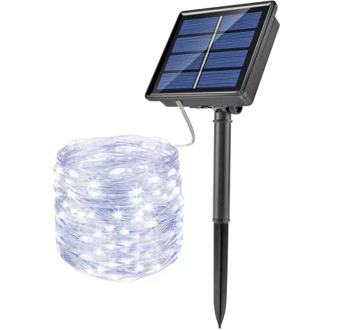 FLD-100LED-WC | Solar Lichterkette Außen, 12M 120 LED Lichterkette Außen Wasserdicht mit 8 Modi, Solarlichterkette Deko für Garten, Balkon, Terrasse, Tor, Hof, Hochzeit, Party (KaltesWeiß)