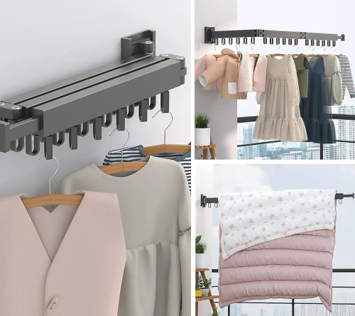 LYJ-T90-GRIS | Cintre pliable | Séchoir pliable | Rail mural avec crochets