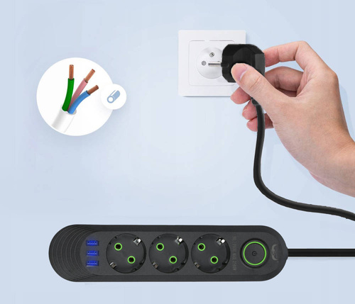 LH-F03U | Priză multiplă 2 m | 3 prize + 3x USB | negru
