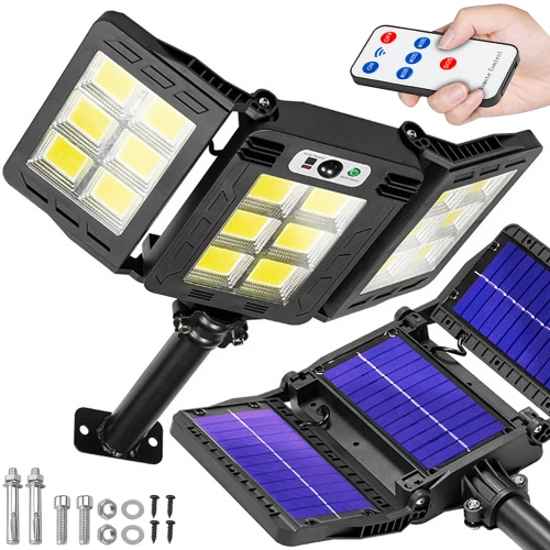 LD-W786 | Candeeiro solar LED para jardim com sensor de movimento e crepuscular IP65 | 3 painéis ajustáveis ​​| LEDs 360 COB | Controle remoto infravermelho