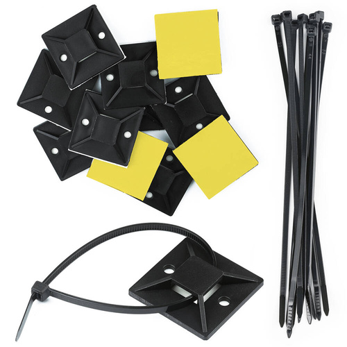 KZ-D06-40MM | Lot de 10 organiseurs pour câbles et fils | Attaches de câble et base avec ruban mousse 3M | Noir