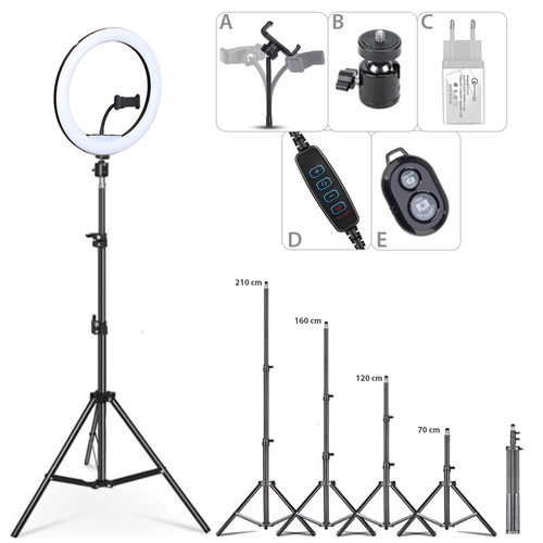 SENY 260T 4 em 1 | Lâmpada anelar 260 mm | Tripé ajustável 210 cm | Carregador de rede CA-004 | Controle remoto Bluetooth iOS/Android