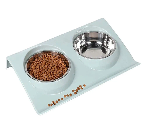 JDW-024-BLAUW | Een set voerbakken voor een hond of kat | Dubbele metalen kommen met standaard | Stalen kommen voor voedsel en water