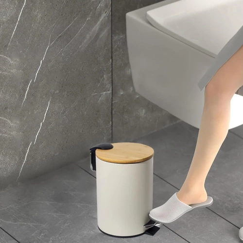 GY-TB3L | Pattumiera da bagno | rotondo, copertura in bambù, pedale | 3 litri, bianco