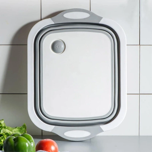 ZXS-398-GRIS | Cuenco plegable con desagüe | Cuenco de camping | Cuenco con tabla de cortar