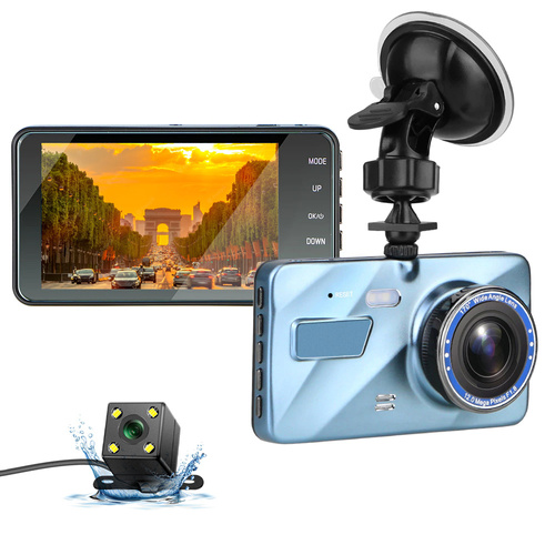 PZ-V12 | Dual Lens Dashcam Auto Vorne und Hinten Autokamera mit 4 Zoll Touchscreen Full HD 1080P, 170 ° Weitwinkel, Nachtsicht, G-Sensor, WDR, Loop-Aufnahm, Parküberwachung und Bewegungserkennung