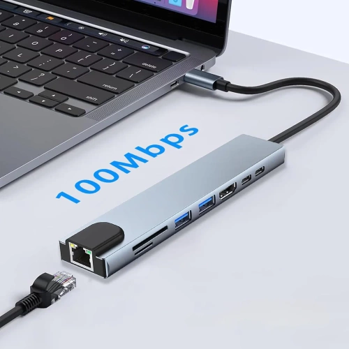 HUB | Splitter USB-C la 2x USB-A + 2x USB-C + carduri SD + TF + HDMI + LAN | adaptor, splitter tip C 8in1