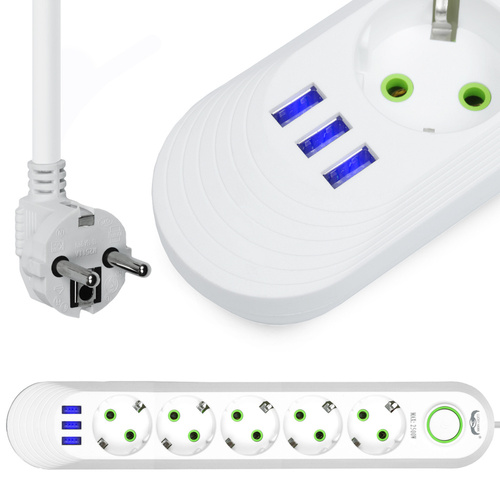 LH-F05U | Regleta 5m | 5 tomas + 3x USB | Blanco
