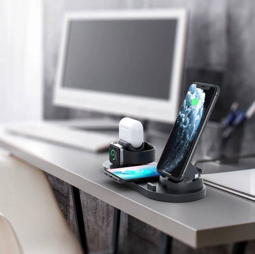 WD-01 | QI-dockingstation til Apple iPhone Airpods Watch | trådløs oplader 15W | 3 stik - USB-C / Lightning / Micro USB
