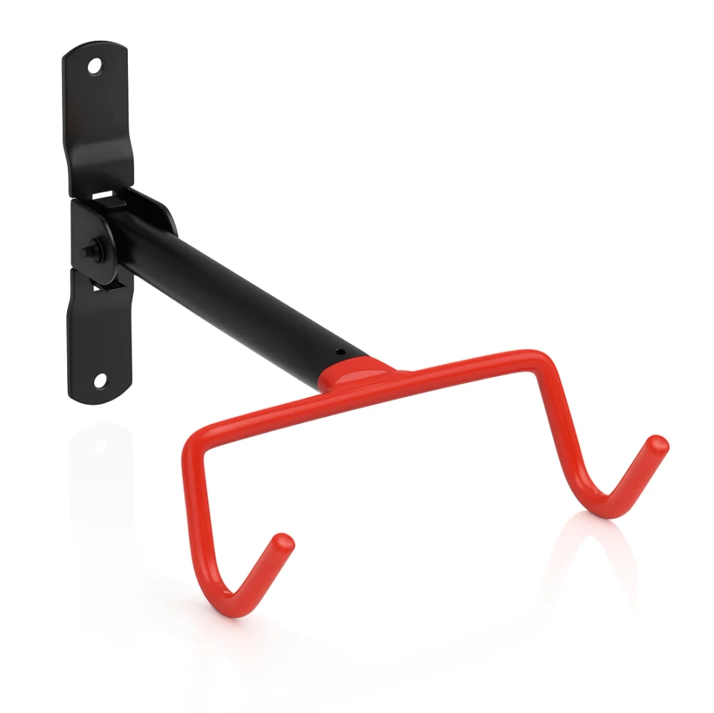 Suporte de bicicleta dobrável preto e vermelho montado na parede