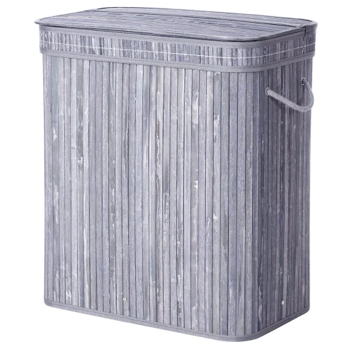 RYL-100L-СИВ | Сив кош за пране | Бамбуков контейнер за играчки | Дървена кошница за дрехи | Кош за пране за баня с две отделения