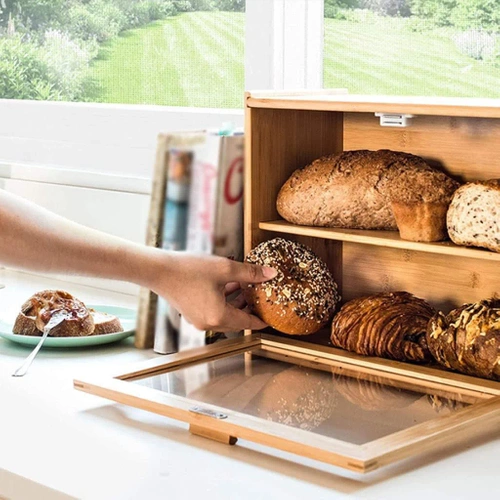 FC-B317 | Bamboo haversack with shelf | Bread container Large bread box for bread, rolls