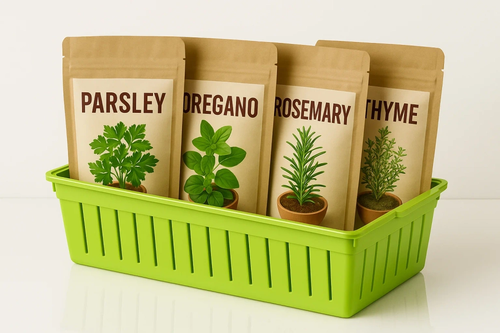Органайзер, пълен с опаковки билки: магданоз, риган, розмарин, мащерка