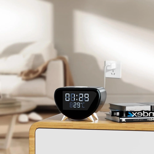 Chytrý LED budík s 15W Qi nabíječkou, teploměrem a 3 budíky | USB hodiny do ložnice | SZ07-15W-BR