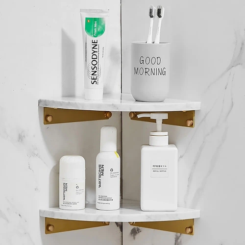 TBD-211-BLANCO-MRBL | Estante de baño de esquina | Estante de mármol para cosméticos.