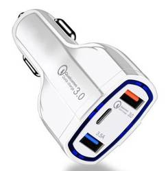 CA-005 | Carregador rápido para carro 2x USB 1x Tipo-C | Carregamento rápido Quick Charge 3.0 | LED ambiente