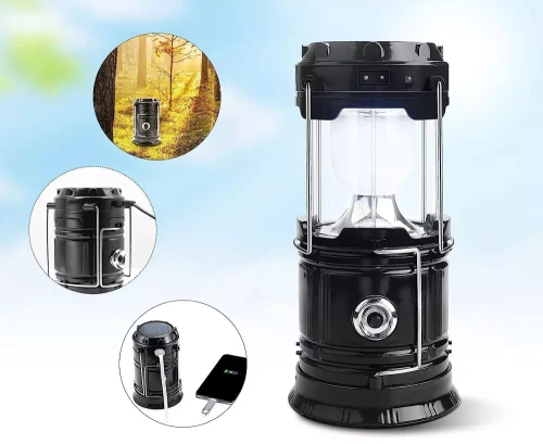 HWL-001-EU | Lámpara solar LED para acampar, linterna turística con función powerbank | Negro