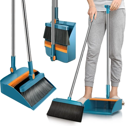 Schoonmaakset met bezem en stoffer en blik op lange steel | Bezem met draaibare kop en opvouwbare stoffer en blik | FBS-2in1-Blauw