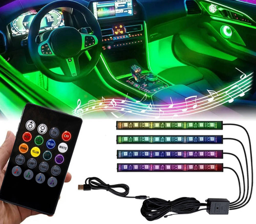 RGB LED osvětlení interiéru auta přes USB | Bluetooth spojení s aplikací v telefonu | 4x LED pásek 9 diod 5050 15cm | IR dálkové ovládání | hudební režimy