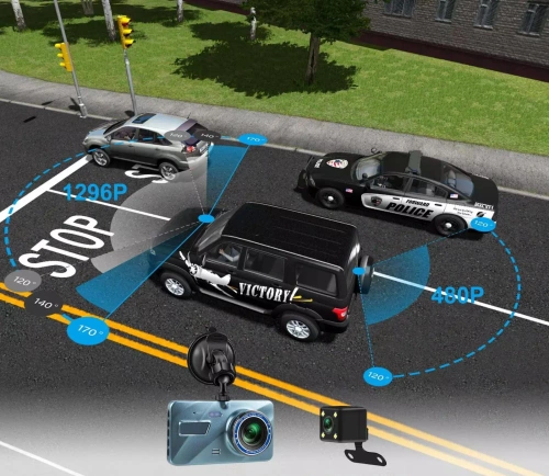 DVR auto 1296p cu cameră de mers înapoi și ecran tactil de 4" - senzor G, WDR, parcare, 2 camere | DVR auto 2 în 1 cu ecran tactil și mers înapoi - 1296p, senzor G, WDR, înregistrare în buclă | PZ-V12-Dual
