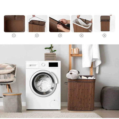 RYL-100L-DABR | Panier à linge marron | Conteneur de jouets en bambou | Panier à vêtements en bois | Panier à linge à deux compartiments pour la salle de bain